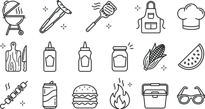Minimalist barbecue BBQ grill picnic line art vector icons set featuring burger tongs spatula chef hat apron sauce