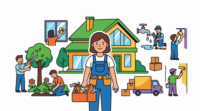 Home improvement and maintenance services illustrated with workers