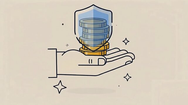 Minimal Hand Holding Protected Gold Coins with Shield Line Art Vector Illustration, Financial Security, Insurance and Investment Protection Concept