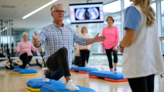 Physical therapist demonstrating weight-bearing bone density exercise to group of postmenopausal women in hospital rehabilitation gym, DEXA scan results displayed on mounted screen, balance boards a