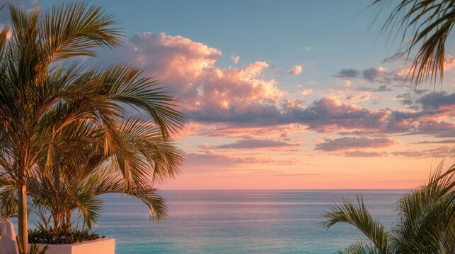 sunset in Turks and Caicos on a serene Sunday evening, stunning gradient sky blending warm oranges, pinks, and soft blues, calm turquoise ocean stretching to the horizon

