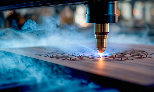 A wide top down view of a CNC laser cutting machine engraving a pattern on a walnut wood surface