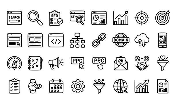 Modern SEO and Search Engine Optimization Outline Icons Editable Stroke Vector for Web and Marketing