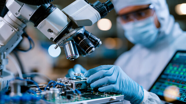 robotic assembly arm installing precision optical lens into medical device housing under microscope-guided positioning system, cleanroom technician in hood and gloves verifying placement tolerance o