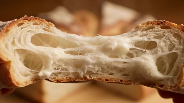 Hands break open fresh bread to reveal soft inside and crusty exterior. Warm kitchen setting with wooden elements visible. Concept of bakery, food production, culinary arts