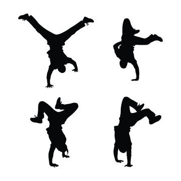 Silhouette of four people doing breakdancing moves on white background