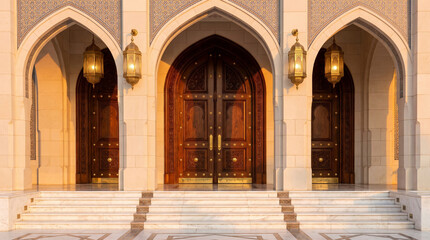 Obraz premium Islamic architecture mosque entrance with ornate wooden doors, traditional arabic stone arches and glowing lanterns, elegant middle eastern building facade