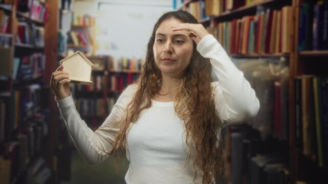 Woman holding wooden house model with hand to mouth in a library building, wearing white shirt and long brunette hair; hesitation decision.