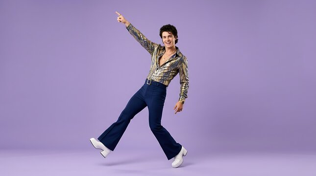Young man in vintage disco clothing performing a classic dance pose