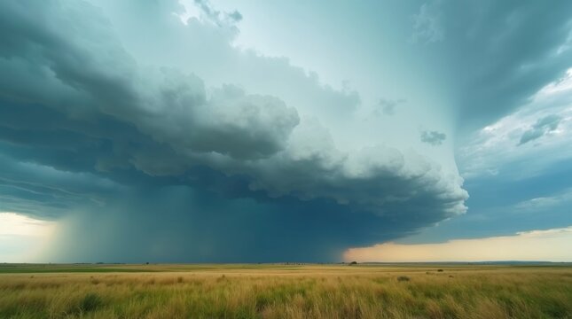 Impresionantes nubes en forma de estante acerc&aacute;ndose a trav&eacute;s de una vasta pradera