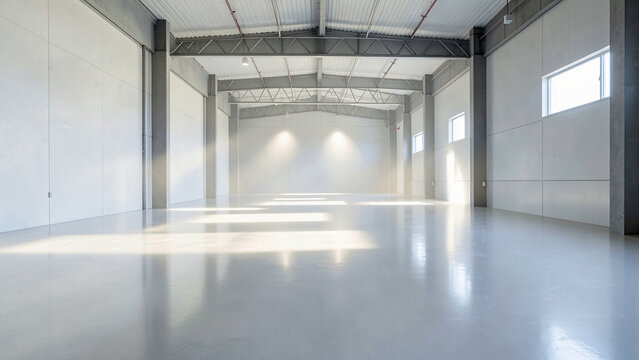 Modern empty warehouse interior with cross-dock hall and deep perspective