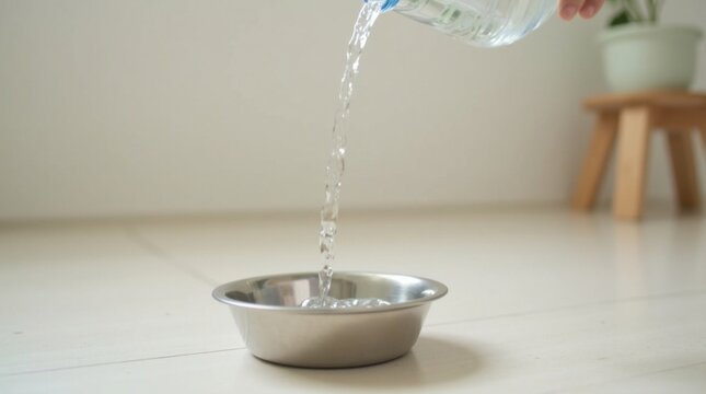 Agua potable fresca verti&eacute;ndose en un cuenco de acero inoxidable para mascotas sobre el suelo limpio de la cocina; concepto de hidrataci&oacute;n