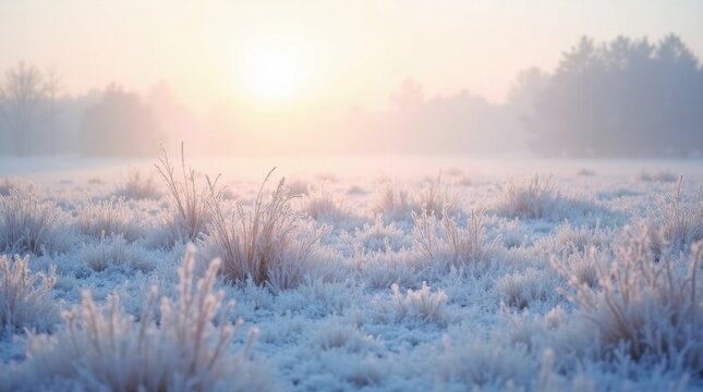 Prado invernal helado cubierto de escarcha centelleante bajo la p&aacute;lida luz del amanecer; delicadas hierbas congeladas