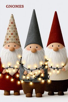 three gnomes, each holding or wrapped in a string of glowing lights, are presented in a charming watercolor and ink style. the gnome on the far left wears a hat with a floral patte