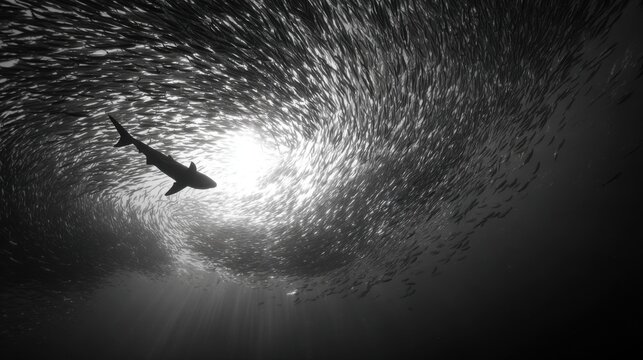 A single bait ball of small fish underwater forming a dynamic spiraling mass, shimmering in silver as sunlight refracts into radiant beams
