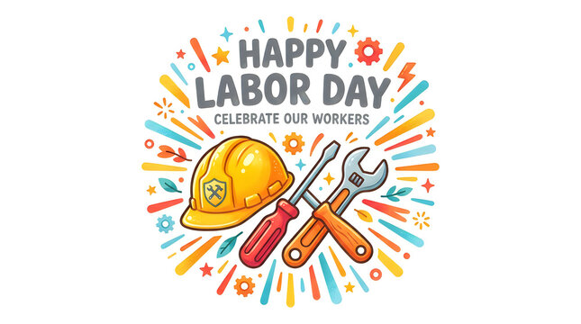 Colorful Labor Day Celebration Illustration with Tools and Festive Text on Bright Background