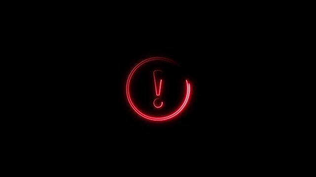 Bright neon red exclamation mark warning icon animation inside a glowing circle on a black background, representing error alerts, system dangers, and attention.
