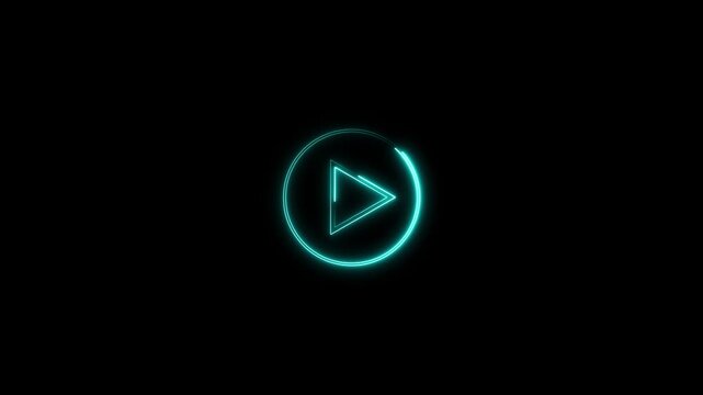 Glowing neon cyan play button symbol animation in a rotating circle on a black background, ideal for multimedia players, video streaming, start UI, and intros.