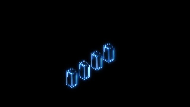 Glowing neon blue 3D isometric bar chart animation on a black background, representing financial data analysis, stock market growth, business success, and analytics trends.