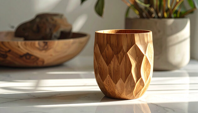 Wooden carved cup with sunlight