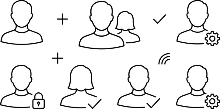 Minimalist user avatar profile icon set line art featuring add group setting lock verification checkmark for management