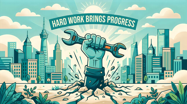 Construction Worker Holding Globe with City Skyline in Background Digital Illustration