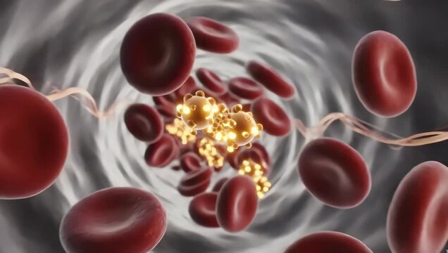 Hormone molecules drifting slowly through a transparent bloodstream, glowing biochemical messengers moving between realistic blood cells and biological pathways