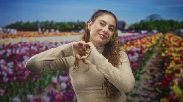 Woman making heart with hands, smiling at camera in studio with tulip field backdrop wearing beige sweater and long curly hair; affection connection.