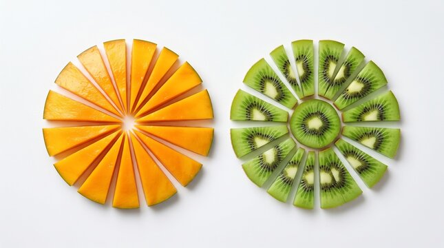 sliced kiwi melon healthy food diet fresh green orange cut pieces white background circular slices eating snack raw edible seeded seedless smooth juicy colorful appetizing