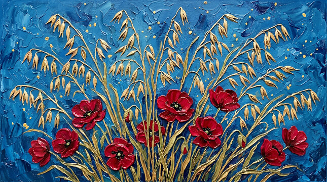 Oil painting of red poppy flowers and golden wheat stalks against a textured deep blue background, impasto floral composition