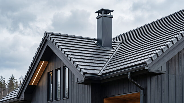 Close-up of a dark grey tiled roof with a central chimney, black vertical wooden siding, and a gutter system against a cloudy sky background