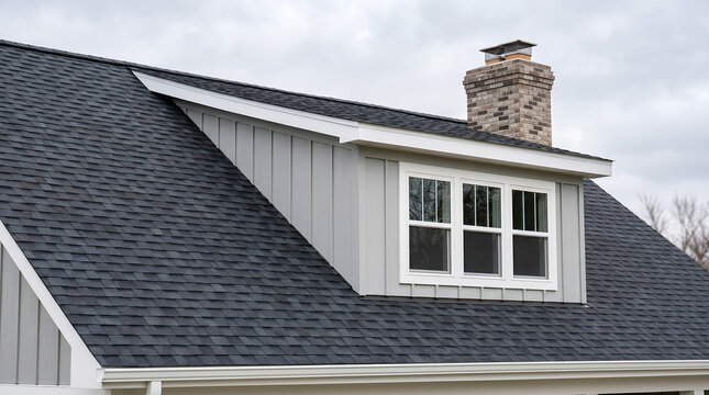 Close-up of a residential house roof with dark asphalt shingles, a light gray board and batten dormer window, and a weathered brick chimney