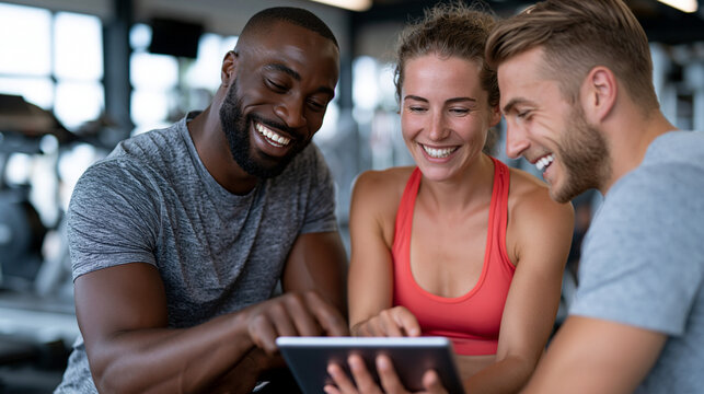 Medium-long shot of a personal trainer sitting across from a client at a small gym table after a workout session, both looking at a fitness tracking app on a tablet together, train
