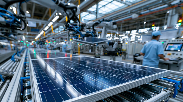 Expansive perspective of a modern solar panel manufacturing facility, long automated production lines assembling photovoltaic cells into panels, robotic handling systems moving com