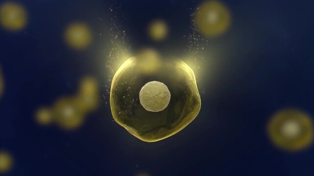 Activated skin cells emit particles that influence neighboring cells, triggering a bounce-back and tightening effect. Concept skincare cosmetics solution. Cosmetics advertising, 3D animation.