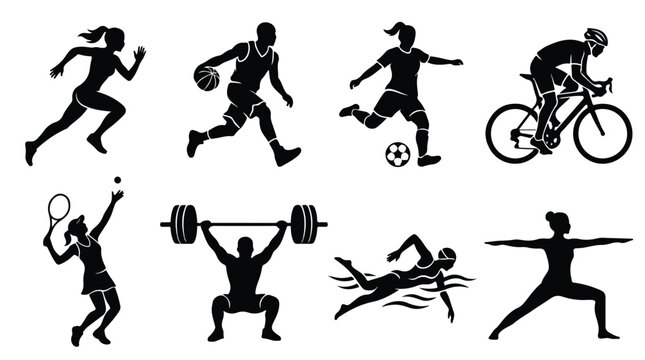 Set of Sports Athletes Silhouettes Vector Collection. Running, Cycling, Swimming, Basketball, Soccer, Tennis, Weightlifting, and Yoga Figures.
