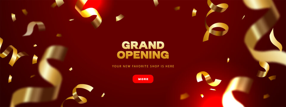 Grand opening card design with realistic falling shiny gold confetti and ribbons. Celebration, party, festival template. 3D vector isolated illustration