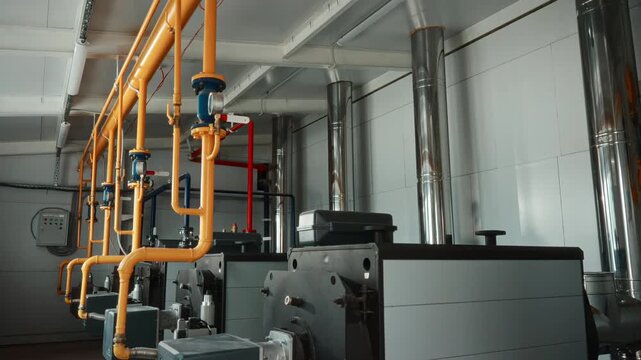 Modern industrial boiler room with row of gas boilers connected to yellow supply pipes and stainless exhaust flues, angled panoramic view emphasizing repetition and alignment