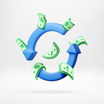 3d illustration of money flow with rotating blue arrows and green paper banknotes. Concept of financial circulation, cash turnover, investment return and profit growth in business.