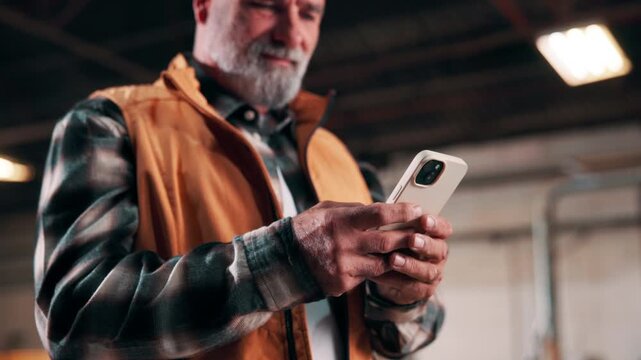 Phone, carpenter and hands with man in warehouse for furniture order, client briefing and contact. Communication, joinery and manufacturing with mature person and mobile for inspection update