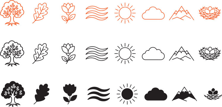 Nature and weather icon set featuring trees leaves flowers sun clouds mountains and bird nests in three distinct styles of line art