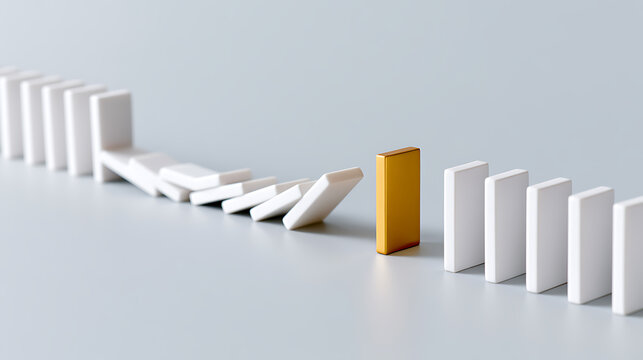 A striking golden block stands firm, halting a chain reaction of falling white dominoes, symbolizing strength, intervention, and crisis prevention