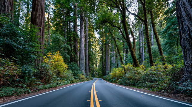 a quiet two-lane asphalt road winding through a dense ancient forest, towering redwood trees on both sides, deep green foliage, tall vertical tree trunks, narrow road perspective l