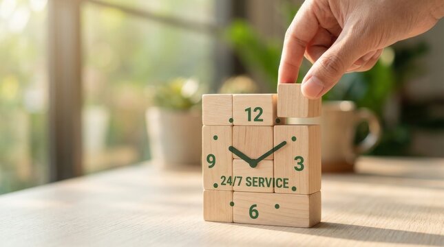 Hand setting wooden block clock for 24/7 service on table