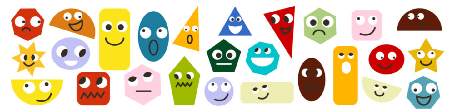 Shape geometric cute and figure character face with cartoon expression abstract. Sticker smile icon and kid funny square with animal education design. Math shape 3d and collage figure geometry.