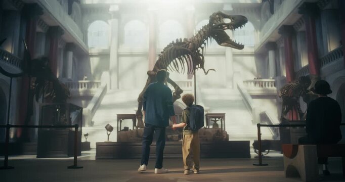 Natural History Museum With a Father and Young Son Holding Hands, Watching and Learning About a Giant T-rex Dinosaur Skeleton in a Grand Hall With Classical Columns. Family Fun and Education