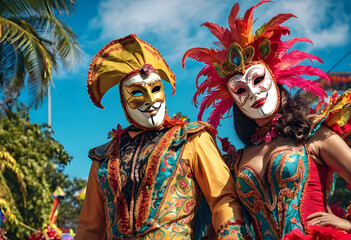 Fototapeta premium Two joyful masked individuals in colorful carnival costumes outdoors