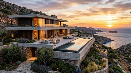Fototapeta premium Coastal hillside house with infinity pool at sunset