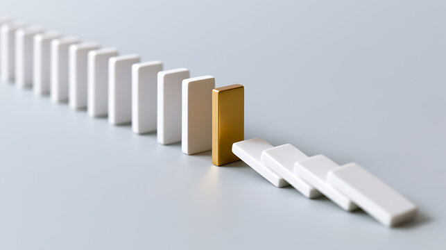Golden Block Interrupts a Row of White Falling dominoes, Illustrating Chain Reaction, Innovation, Solution, Risk Prevention, and Leadership