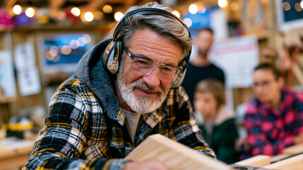 Fototapeta premium Retired construction worker wearing custom hearing protection while operating woodworking tools in his garage workshop at twilight blue hour, ear mold visible, calendar on wall marking decades of no